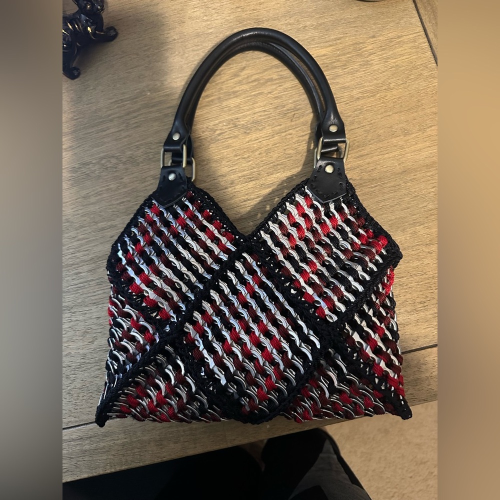 Small Hand Crocheted Recycled Soda Tab  Black and Red Woven Handbag Tote